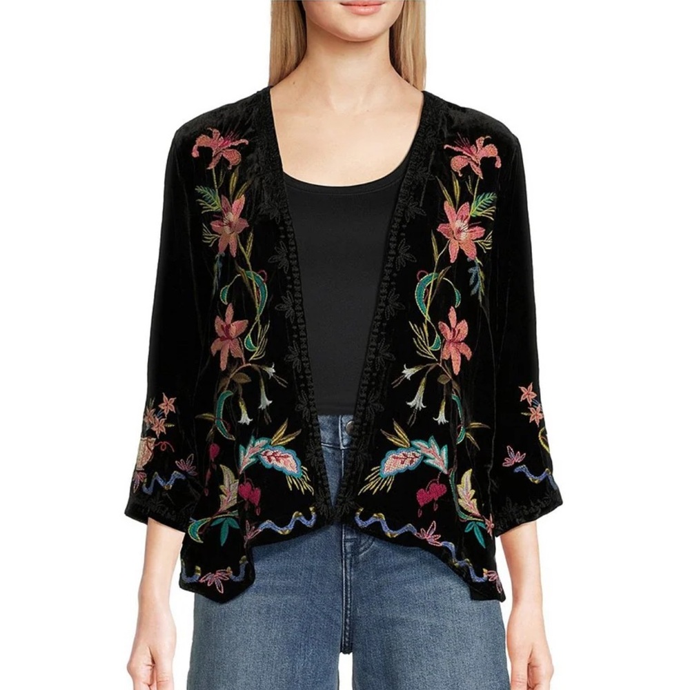 JOHNNY WAS Silk-Blend Floral Embroidered Velvet Open Front Cropped Bolero